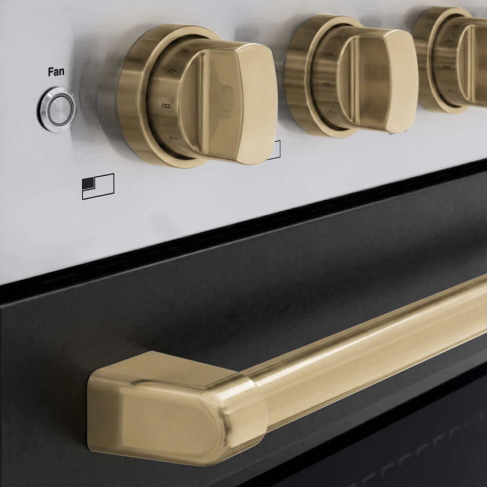 ZLINE Autograph Edition 36 in. 5.2 cu. ft. Paramount Induction Range with 5 Element Cooktop and Electric Convection Oven in Stainless Steel with Black Matte Door and Champagne Bronze Accents (SINRZ-BLM-36-CB) close-up of oven and cooktop knob controls.