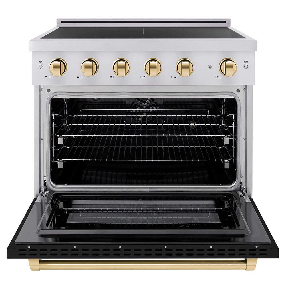 ZLINE Autograph Edition 36 in. 5.2 cu. ft. Paramount Induction Range with 5 Element Cooktop and Electric Convection Oven in Stainless Steel with Black Matte Door and Polished Gold Accents, Open Box-Great Condition