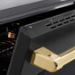 ZLINE Autograph Edition 36 in. 5.2 cu. ft. Paramount Induction Range with 5 Element Cooktop and Electric Convection Oven in Stainless Steel with Black Matte Door and Polished Gold Accents (SINRZ-BLM-36-G) oven door slightly open showing handle detail.