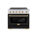 ZLINE Autograph Edition 36 in. 5.2 cu. ft. Paramount Induction Range with 5 Element Cooktop and Electric Convection Oven in Stainless Steel with Black Matte Door and Polished Gold Accents (SINRZ-BLM-36-G) main image.