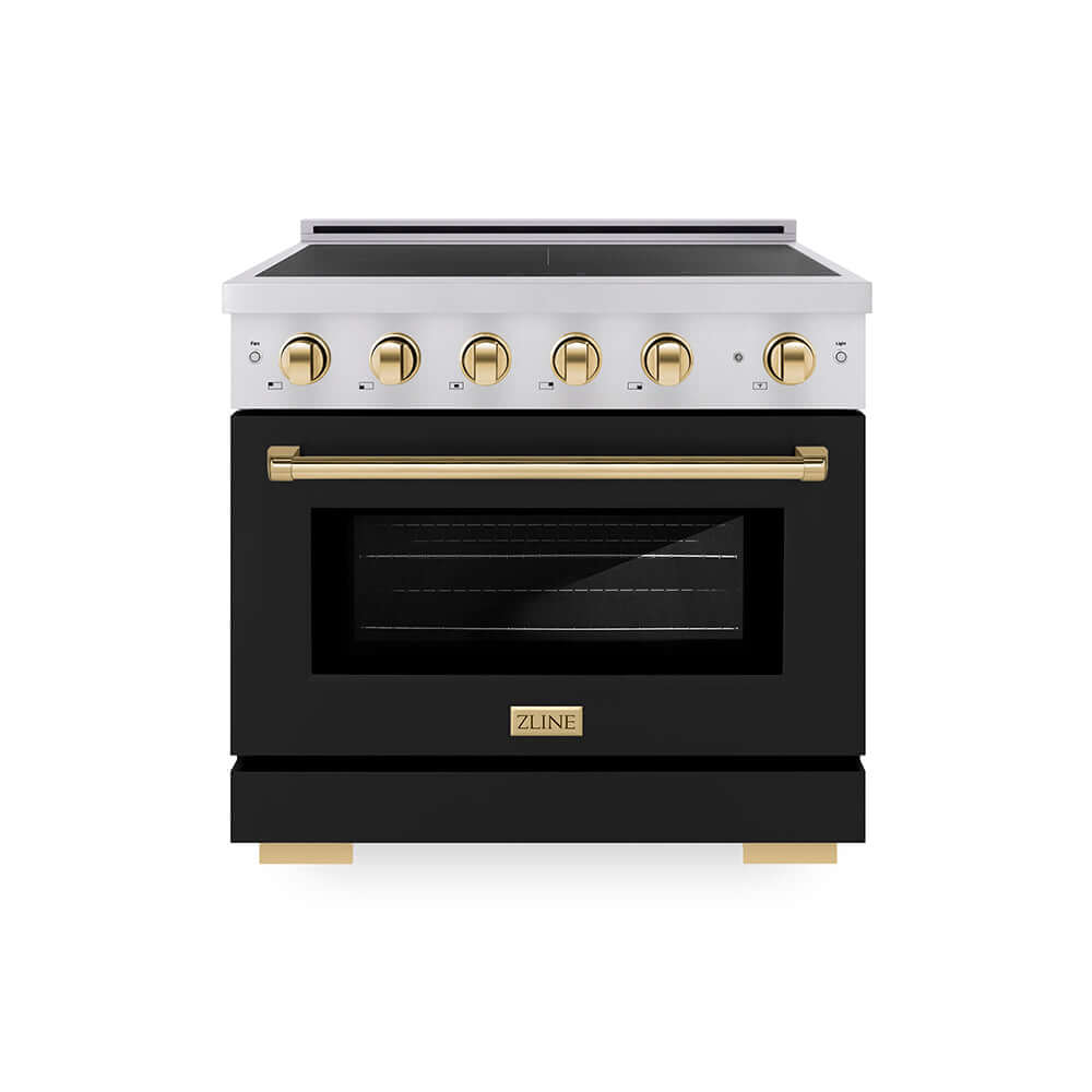ZLINE Autograph Edition 36 in. 5.2 cu. ft. Paramount Induction Range with 5 Element Cooktop and Electric Convection Oven in Stainless Steel with Black Matte Door and Polished Gold Accents (SINRZ-BLM-36-G) main image.