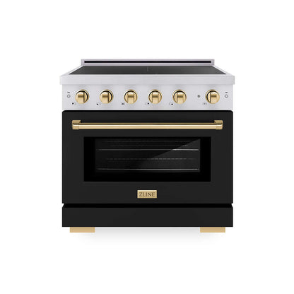ZLINE Autograph Edition 36 in. 5.2 cu. ft. Paramount Induction Range with 5 Element Cooktop and Electric Convection Oven in Stainless Steel with Black Matte Door and Polished Gold Accents (SINRZ-BLM-36-G) main image.