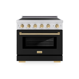 ZLINE Autograph Edition 36 in. 5.2 cu. ft. Paramount Induction Range with 5 Element Cooktop and Electric Convection Oven in Stainless Steel with Black Matte Door and Polished Gold Accents, Open Box-Great Condition main image.
