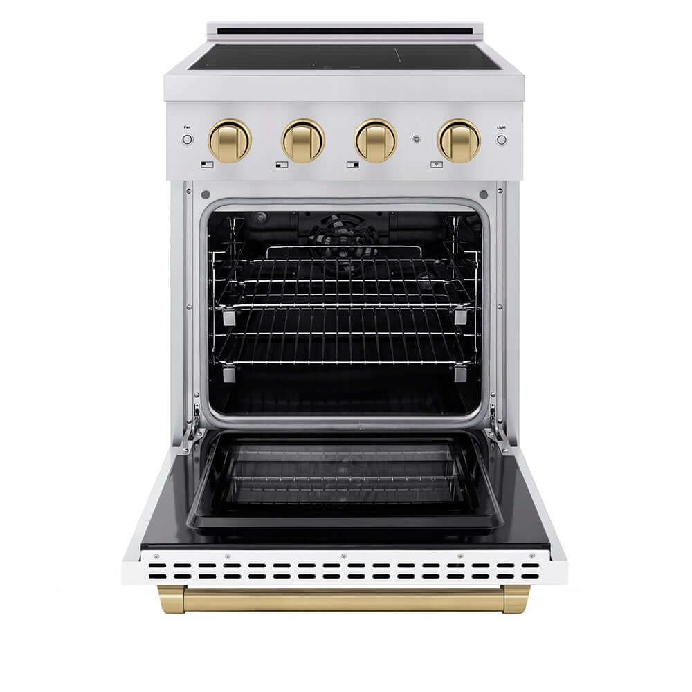 ZLINE Autograph Edition 24 in. 3.2 cu. ft. Paramount Induction Range with 3 Element Cooktop and Electric Convection Oven in Stainless Steel with White Matte Door and Champagne Bronze Accents (SINRZ-WM-24-CB) front, electric oven open.