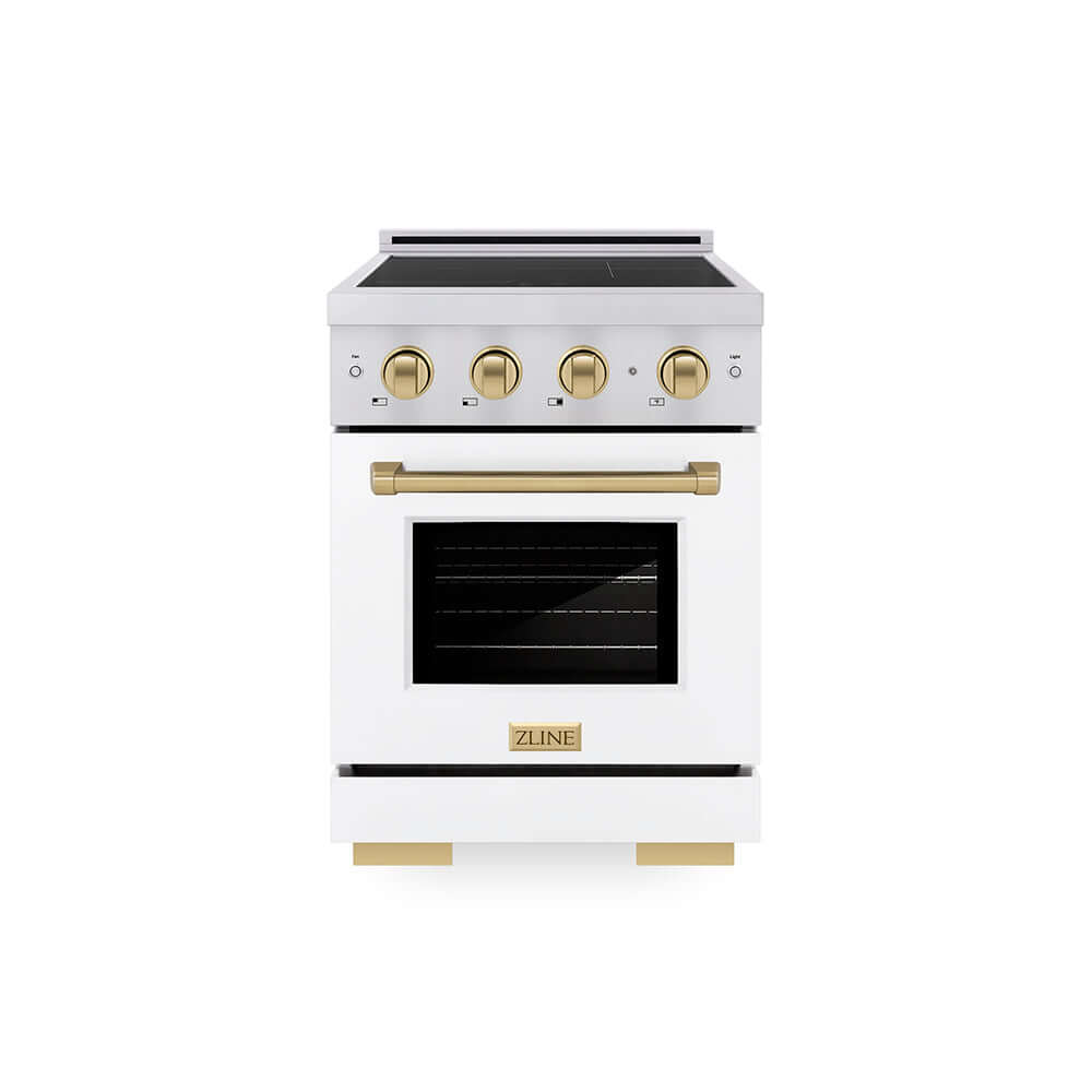 ZLINE Autograph Edition 24 in. 3.2 cu. ft. Paramount Induction Range with 3 Element Cooktop and Electric Convection Oven in Stainless Steel with White Matte Door and Champagne Bronze Accents (SINRZ-WM-24-CB) main image.