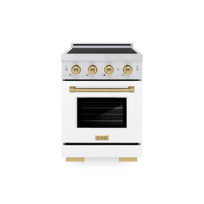 ZLINE Autograph Edition 24 in. 3.2 cu. ft. Paramount Induction Range with 3 Element Cooktop and Electric Convection Oven in Stainless Steel with White Matte Door and Champagne Bronze Accents, Open Box-Great Condition