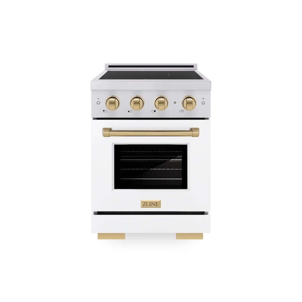 ZLINE Autograph Edition 24 in. 3.2 cu. ft. Paramount Induction Range with 3 Element Cooktop and Electric Convection Oven in Stainless Steel with White Matte Door and Champagne Bronze Accents, Open Box-Good Condition