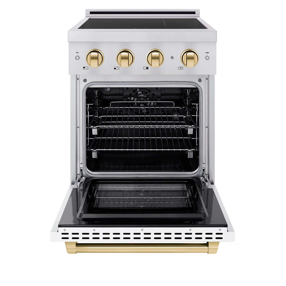 ZLINE Autograph Edition 24 in. 3.2 cu. ft. Paramount Induction Range with 3 Element Cooktop and Electric Convection Oven in Stainless Steel with White Matte Door and Polished Gold Accents (SINRZ-WM-24-G) front, electric oven open.