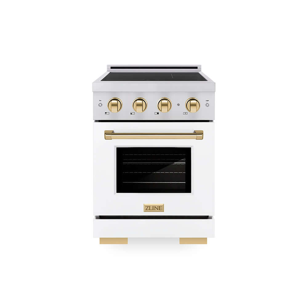 ZLINE Autograph Edition 24 in. 3.2 cu. ft. Paramount Induction Range with 3 Element Cooktop and Electric Convection Oven in Stainless Steel with White Matte Door and Polished Gold Accents (SINRZ-WM-24-G) main image.