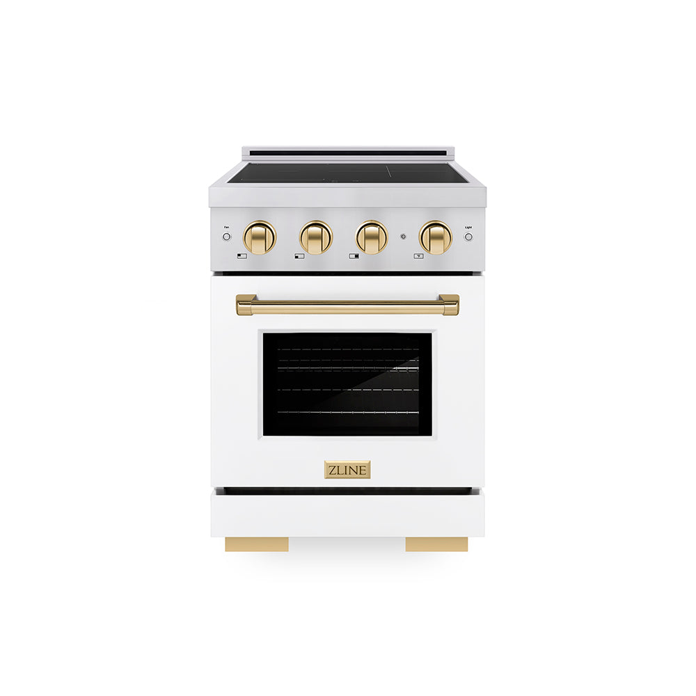 ZLINE Autograph Edition 24 in. 3.2 cu. ft. Paramount Induction Range with 3 Element Cooktop and Electric Convection Oven in Stainless Steel with White Matte Door and Polished Gold Accents, Open Box-Great Condition main image.
