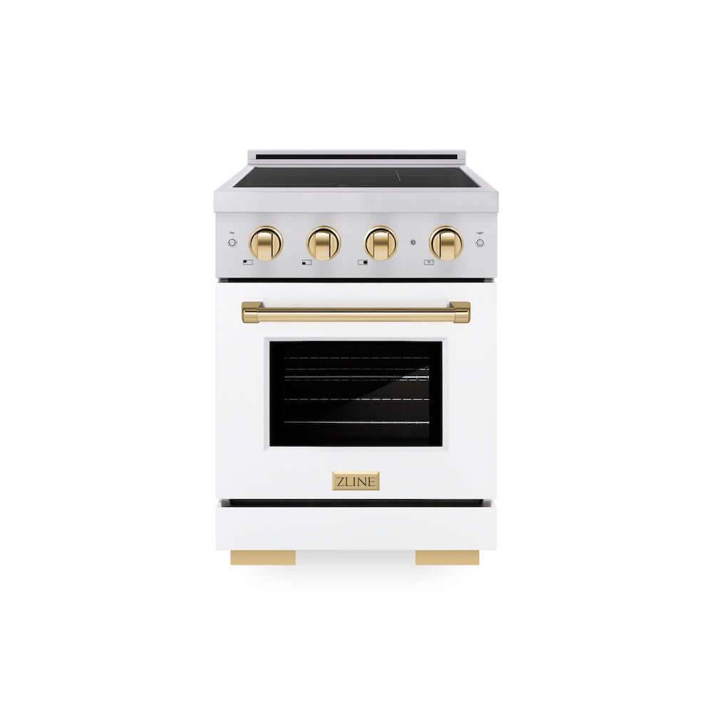 ZLINE Autograph Edition 24 in. 3.2 cu. ft. Paramount Induction Range with 3 Element Cooktop and Electric Convection Oven in Stainless Steel with White Matte Door and Polished Gold Accents, Open Box-Good Condition