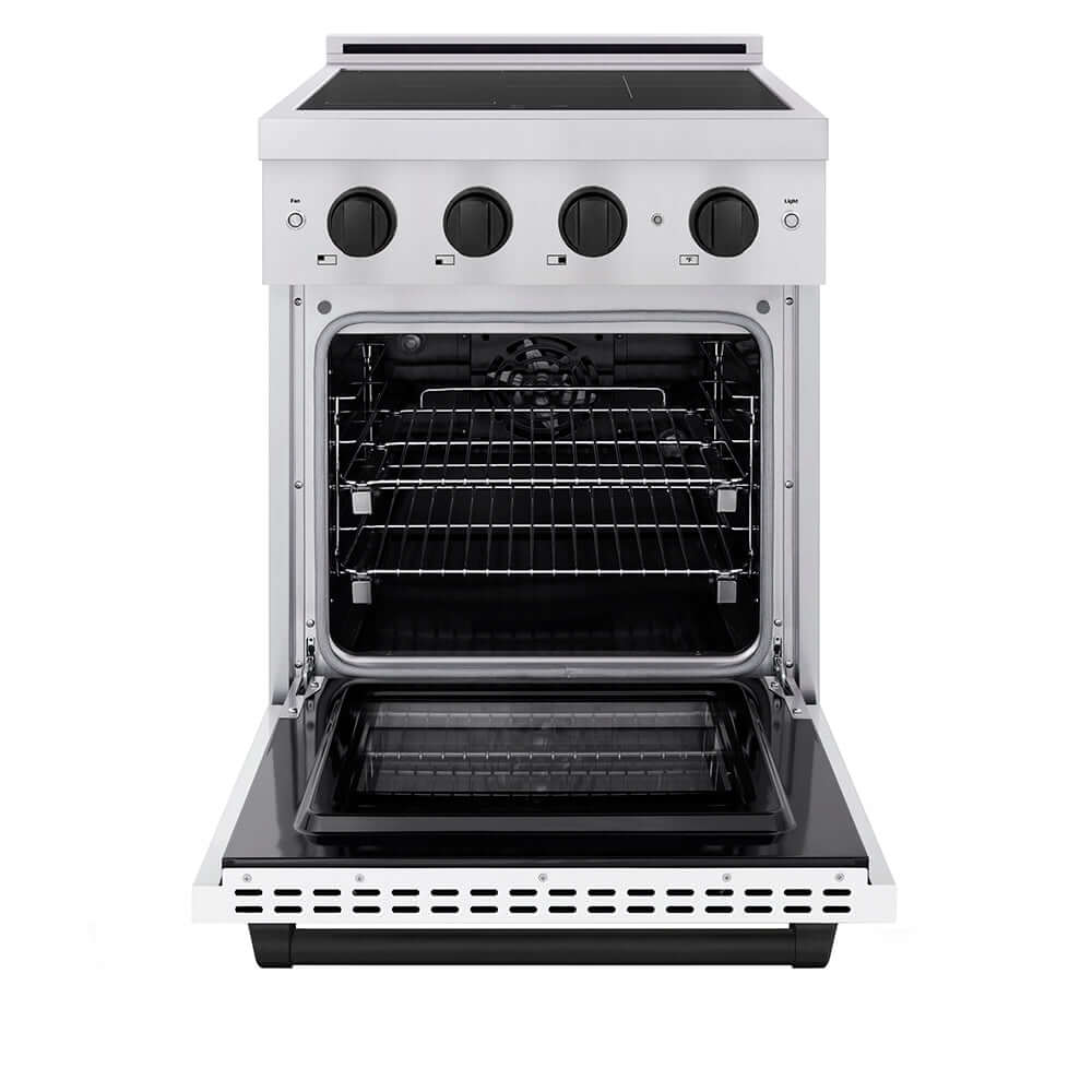 ZLINE Autograph Edition 24 in. 3.2 cu. ft. Paramount Induction Range with 3 Element Cooktop and Electric Convection Oven in Stainless Steel with White Matte Door and Matte Black Accents (SINRZ-WM-24-MB) front, electric oven open.