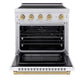 ZLINE Autograph Edition 30 in. 4.2 cu. ft. Paramount Induction Range with 4 Element Cooktop and Electric Convection Oven in Stainless Steel with White Matte Door and Champagne Bronze Accents (SINRZ-WM-30-CB) front, oven open.