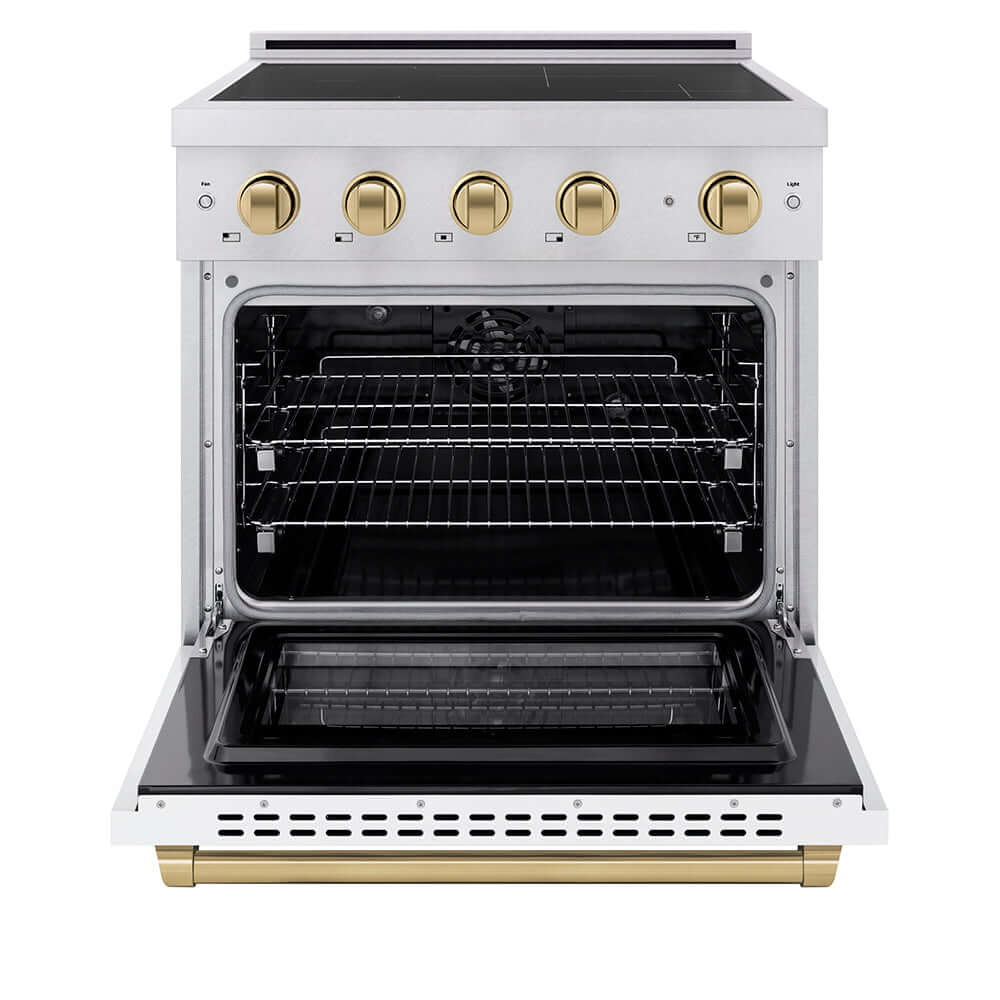 ZLINE Autograph Edition 30 in. 4.2 cu. ft. Paramount Induction Range with 4 Element Cooktop and Electric Convection Oven in Stainless Steel with White Matte Door and Champagne Bronze Accents (SINRZ-WM-30-CB) front, oven open.