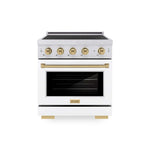ZLINE Autograph Edition 30 in. 4.2 cu. ft. Paramount Induction Range with 4 Element Cooktop and Electric Convection Oven in Stainless Steel with White Matte Door and Champagne Bronze Accents (SINRZ-WM-30-CB) main image.