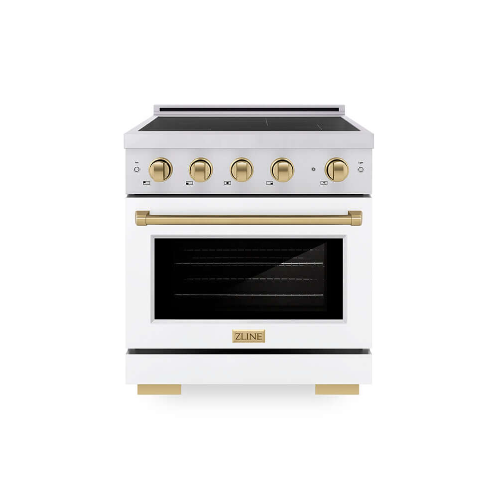ZLINE Autograph Edition 30 in. 4.2 cu. ft. Paramount Induction Range with 4 Element Cooktop and Electric Convection Oven in Stainless Steel with White Matte Door and Champagne Bronze Accents (SINRZ-WM-30-CB) main image.