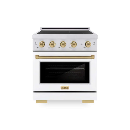 ZLINE Autograph Edition 30 in. 4.2 cu. ft. Paramount Induction Range with 4 Element Cooktop and Electric Convection Oven in Stainless Steel with White Matte Door and Champagne Bronze Accents (SINRZ-WM-30-CB) main image.