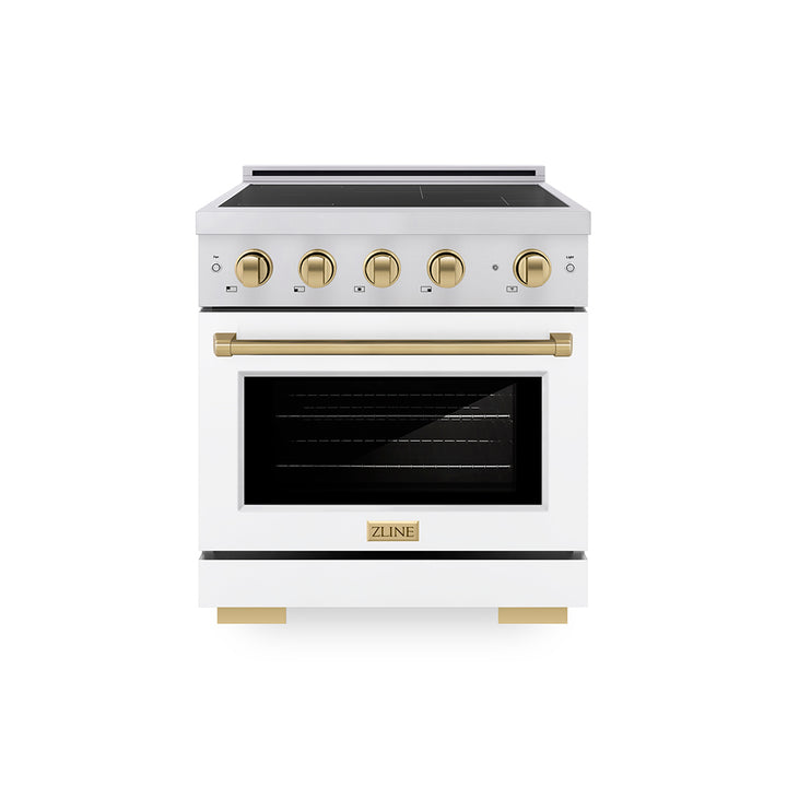 ZLINE Autograph Edition 30 in. 4.2 cu. ft. Paramount Induction Range with 4 Element Cooktop and Electric Convection Oven in Stainless Steel with White Matte Door and Champagne Bronze Accents (SINRZ-WM-30-CB)