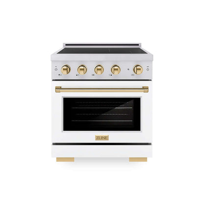ZLINE Autograph Edition 30 in. 4.2 cu. ft. Paramount Induction Range with 4 Element Cooktop and Electric Convection Oven in Stainless Steel with White Matte Door and Polished Gold Accents (SINRZ-WM-30-G) main image.