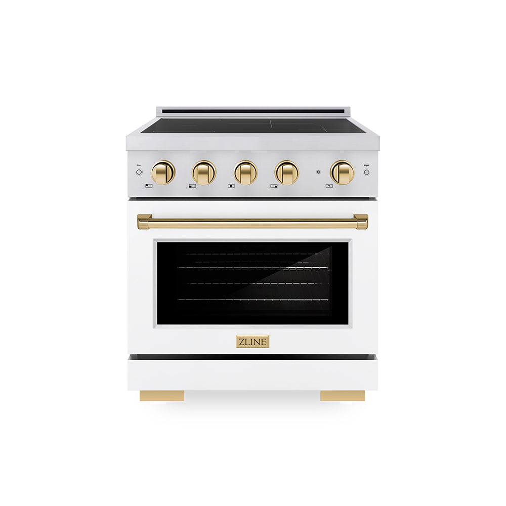 ZLINE Autograph Edition 30 in. 4.2 cu. ft. Paramount Induction Range with 4 Element Cooktop and Electric Convection Oven in Stainless Steel with White Matte Door and Polished Gold Accents, Open Box-Great Condition main image.