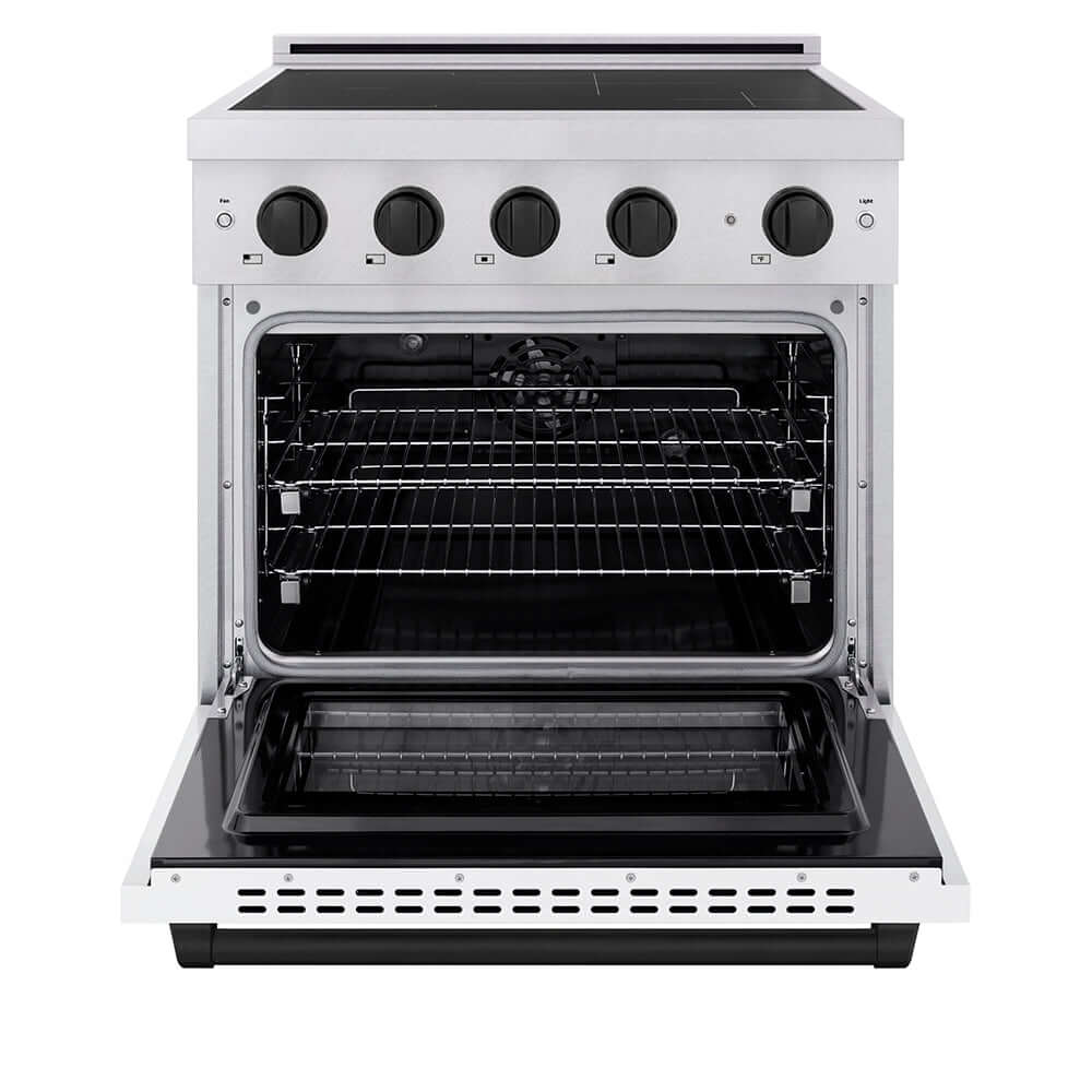 ZLINE Autograph Edition 30 in. 4.2 cu. ft. Paramount Induction Range with 4 Element Cooktop and Electric Convection Oven in Stainless Steel with White Matte Door and Matte Black Accents (SINRZ-WM-30-MB) front, oven open.