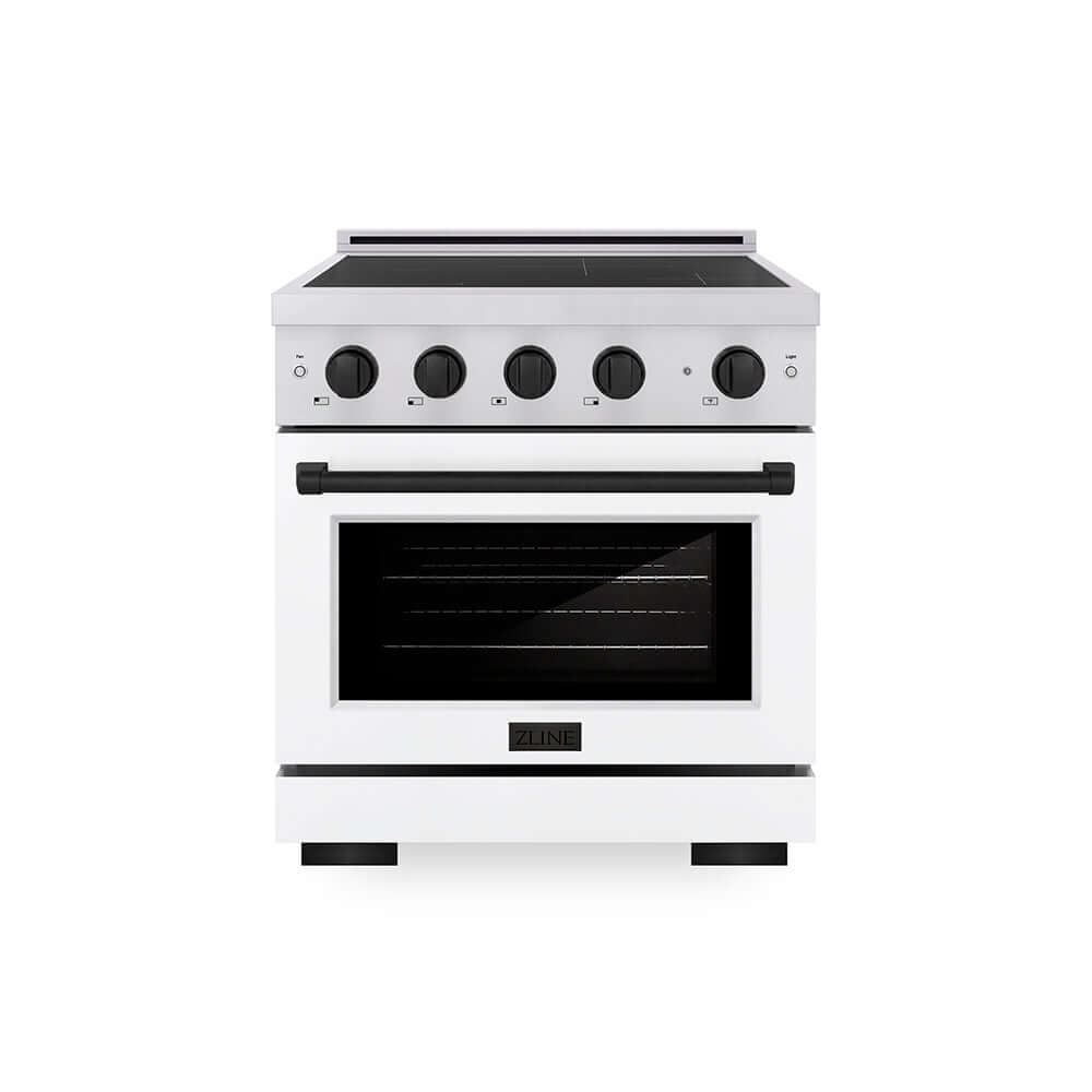 ZLINE Autograph Edition 30 in. 4.2 cu. ft. Paramount Induction Range with 4 Element Cooktop and Electric Convection Oven in Stainless Steel with White Matte Door and Matte Black Accents (SINRZ-WM-30-MB) main image.