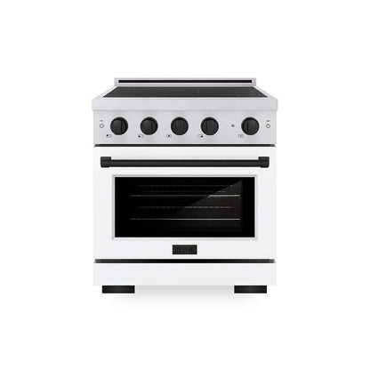 ZLINE Autograph Edition 30 in. 4.2 cu. ft. Paramount Induction Range with 4 Element Cooktop and Electric Convection Oven in Stainless Steel with White Matte Door and Matte Black Accents (SINRZ-WM-30-MB) main image.