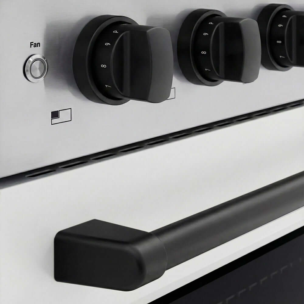 ZLINE Autograph Edition 30 in. 4.2 cu. ft. Paramount Induction Range with 4 Element Cooktop and Electric Convection Oven in Stainless Steel with White Matte Door and Matte Black Accents (SINRZ-WM-30-MB) close-up of oven and cooktop knob controls.
