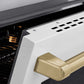 ZLINE Autograph Edition 36 in. 5.2 cu. ft. Paramount Induction Range with 5 Element Cooktop and Electric Convection Oven in Stainless Steel with White Matte Door and Champagne Bronze Accents (SINRZ-WM-36-CB) oven door slightly open showing handle detail.