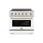 ZLINE Autograph Edition 36 in. 5.2 cu. ft. Paramount Induction Range with 5 Element Cooktop and Electric Convection Oven in Stainless Steel with White Matte Door and Champagne Bronze Accents (SINRZ-WM-36-CB) main image.