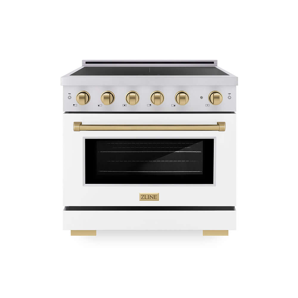 ZLINE Autograph Edition 36 in. 5.2 cu. ft. Paramount Induction Range with 5 Element Cooktop and Electric Convection Oven in Stainless Steel with White Matte Door and Champagne Bronze Accents (SINRZ-WM-36-CB) main image.