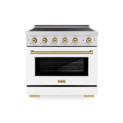 ZLINE Autograph Edition 36 in. 5.2 cu. ft. Paramount Induction Range with 5 Element Cooktop and Electric Convection Oven in Stainless Steel with White Matte Door and Champagne Bronze Accents (SINRZ-WM-36-CB) main image.