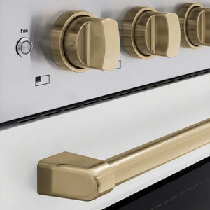 ZLINE Autograph Edition 36 in. 5.2 cu. ft. Paramount Induction Range with 5 Element Cooktop and Electric Convection Oven in Stainless Steel with White Matte Door and Champagne Bronze Accents (SINRZ-WM-36-CB) close-up of oven and cooktop knob controls.
