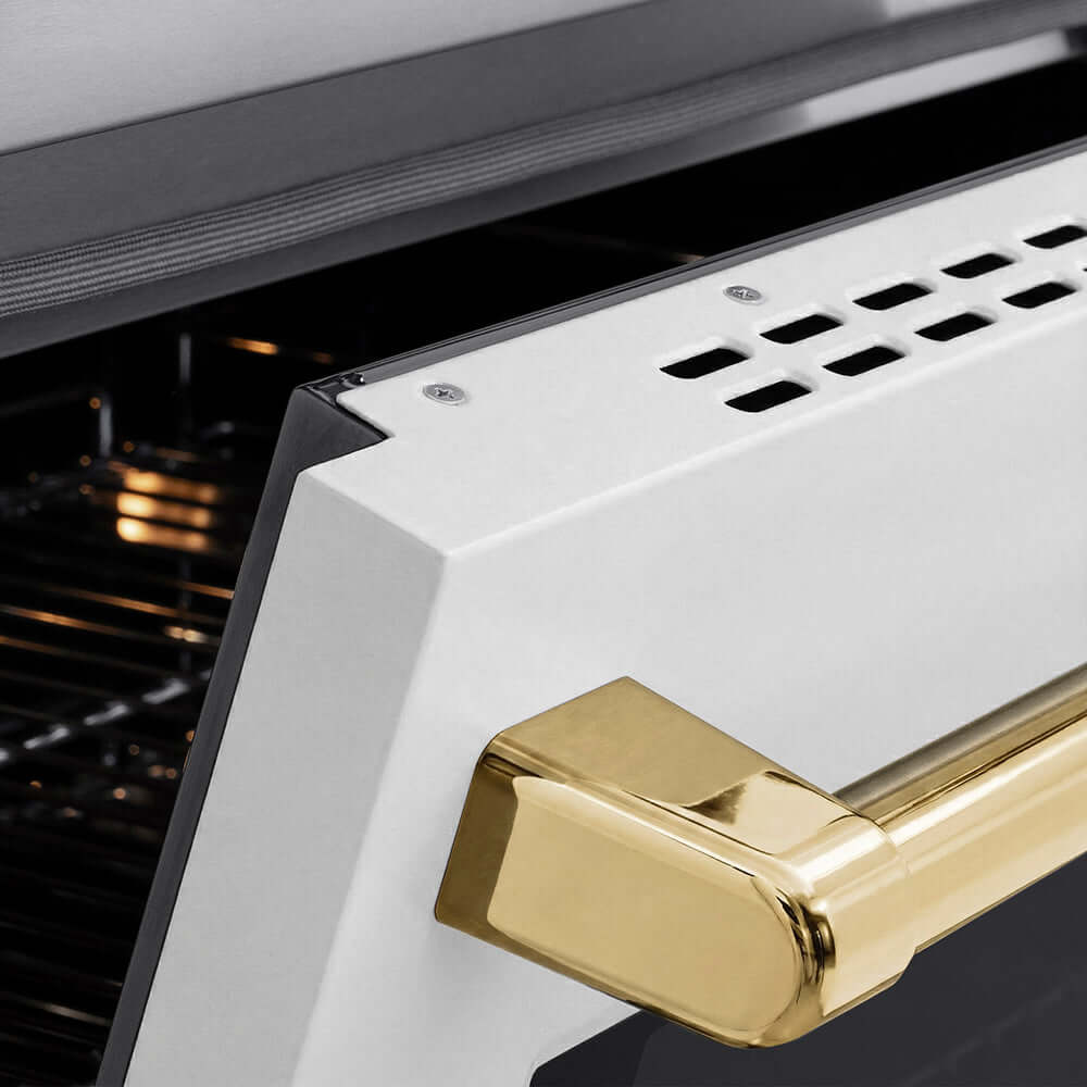 ZLINE Autograph Edition 36 in. 5.2 cu. ft. Paramount Induction Range with 5 Element Cooktop and Electric Convection Oven in Stainless Steel with White Matte Door and Polished Gold Accents (SINRZ-WM-36-G) oven door slightly open showing handle detail.