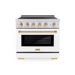 ZLINE Autograph Edition 36 in. 5.2 cu. ft. Paramount Induction Range with 5 Element Cooktop and Electric Convection Oven in Stainless Steel with White Matte Door and Polished Gold Accents (SINRZ-WM-36-G) main image.