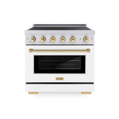 ZLINE Autograph Edition 36 in. 5.2 cu. ft. Paramount Induction Range with 5 Element Cooktop and Electric Convection Oven in Stainless Steel with White Matte Door and Polished Gold Accents (SINRZ-WM-36-G) main image.