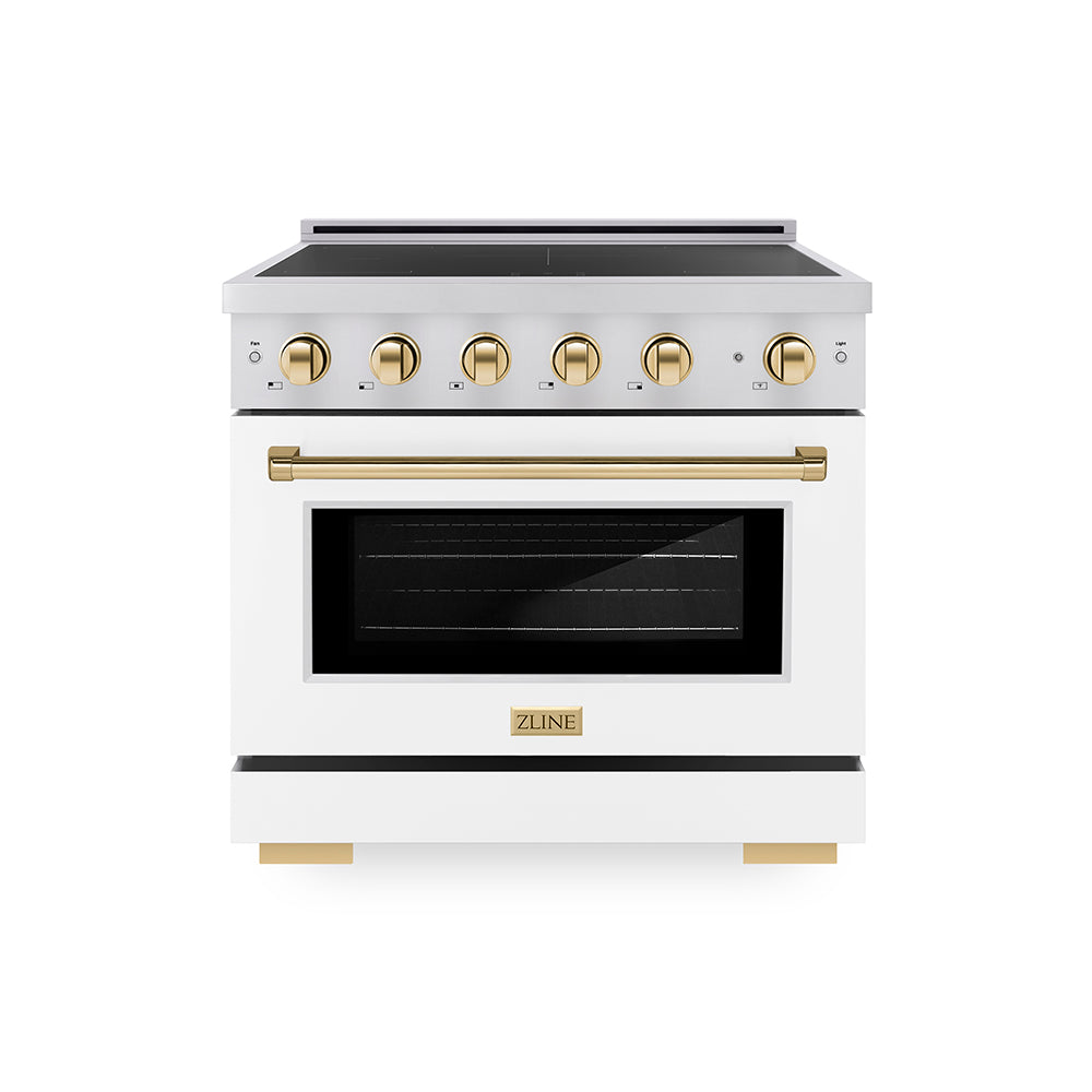 ZLINE Autograph Edition 36 in. 5.2 cu. ft. Paramount Induction Range with 5 Element Cooktop and Electric Convection Oven in Stainless Steel with White Matte Door and Polished Gold Accents, Open Box-Great Condition main image.