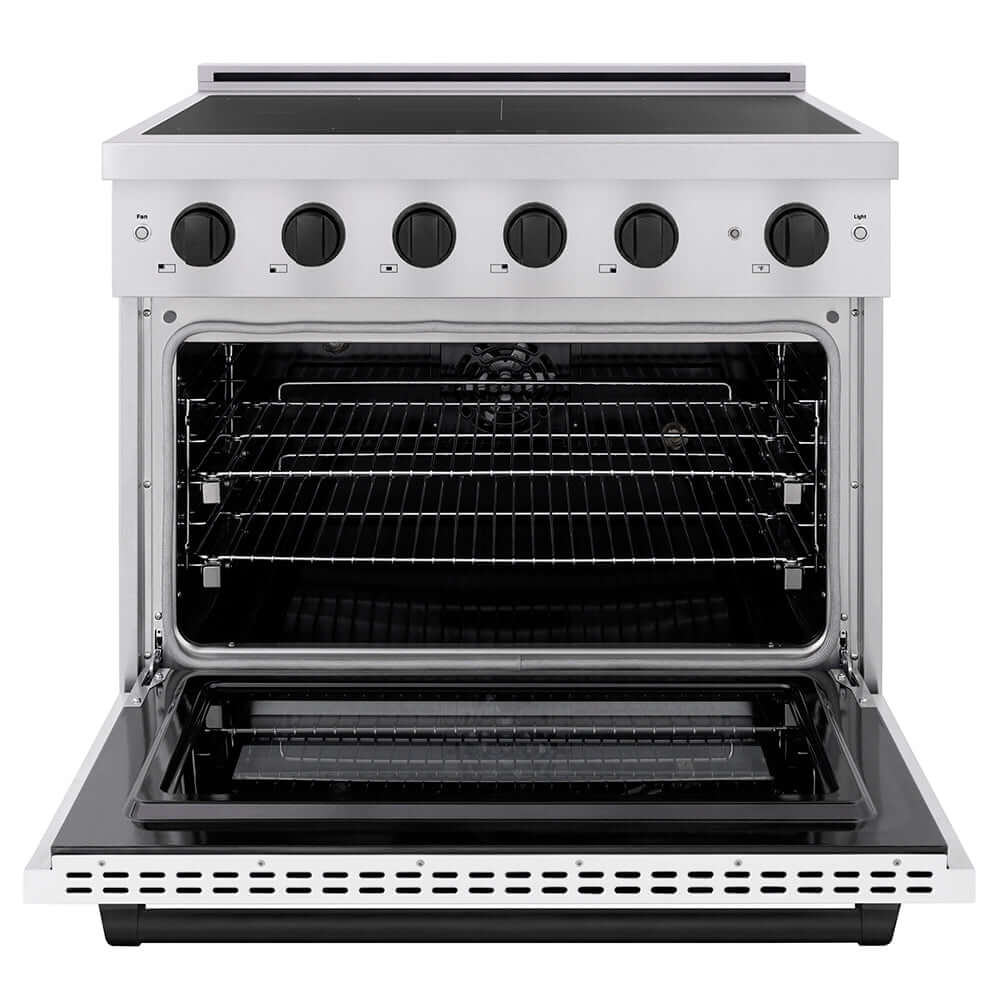 ZLINE Autograph Edition 36 in. 5.2 cu. ft. Paramount Induction Range with 5 Element Cooktop and Electric Convection Oven in Stainless Steel with White Matte Door and Matte Black Accents (SINRZ-WM-36-MB) front, oven open.