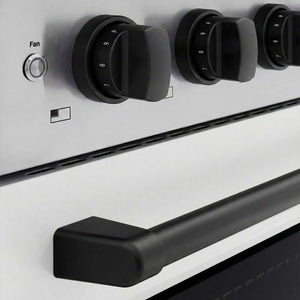 ZLINE Autograph Edition 36 in. 5.2 cu. ft. Paramount Induction Range with 5 Element Cooktop and Electric Convection Oven in Stainless Steel with White Matte Door and Matte Black Accents (SINRZ-WM-36-MB) close-up of oven and cooktop knob controls.