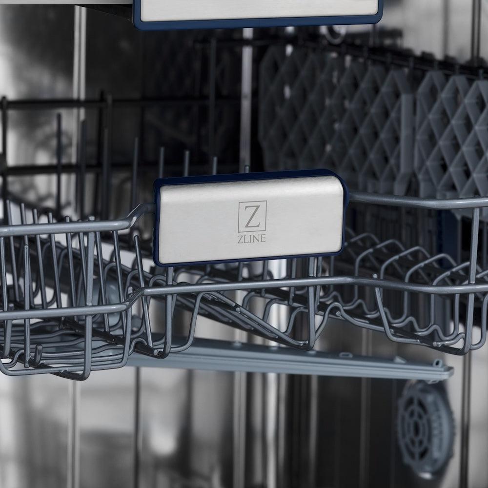 ZLINE 24 in. Tallac Series 3rd Rack Tall Tub Dishwasher in Stainless Steel, 51dBa (DWV-304-24) close-up, ZLINE logo on dish rack.