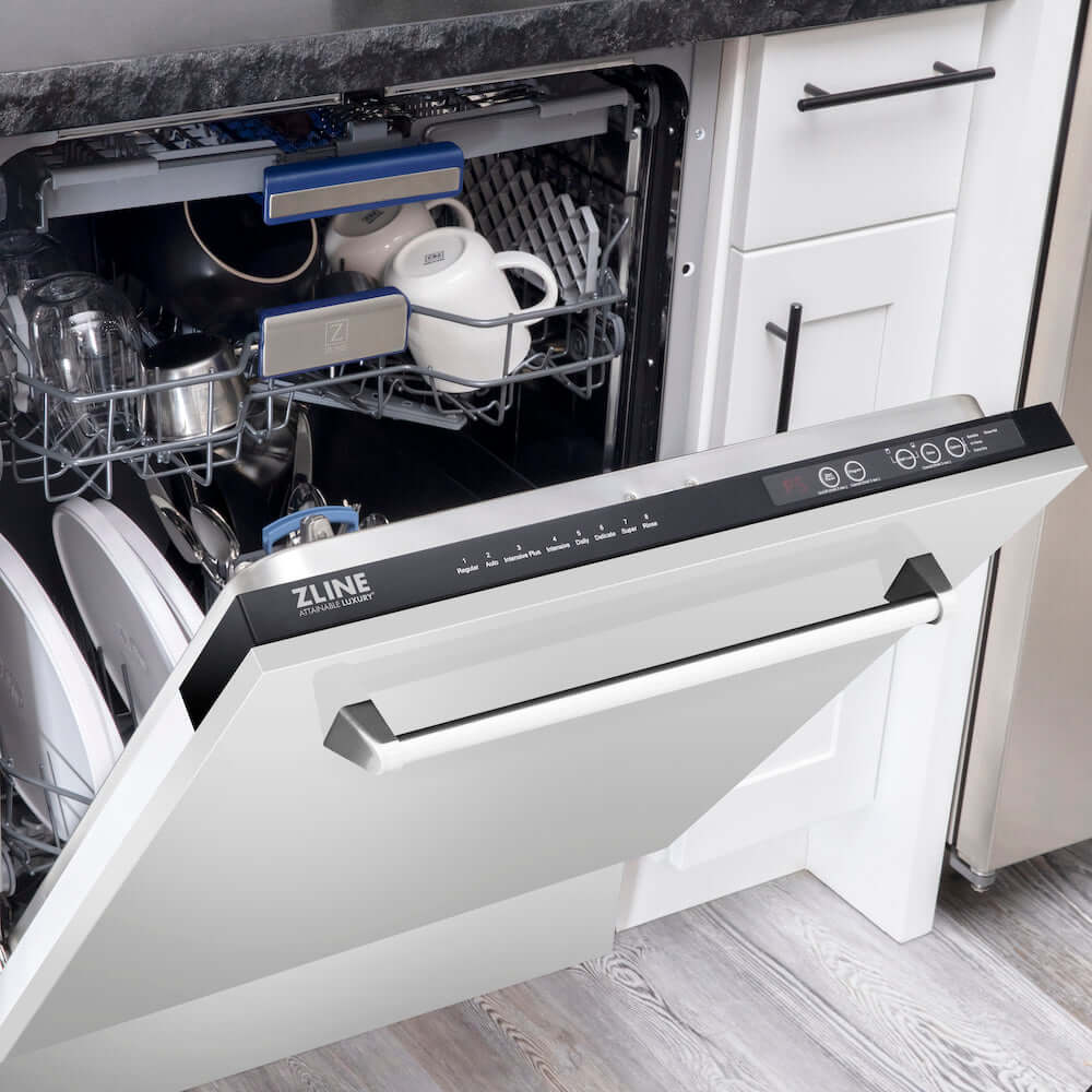 ZLINE dishwasher built-in to cabinets and loaded with dishes with door half open
