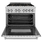 ZLINE 36 in. 4.6 cu. ft. Legacy Dual Fuel Range with Gas Cooktop and Electric Convection Oven in Stainless Steel with 6 Brass Burners and Griddle (RA-BR-GR-36) front, oven open.