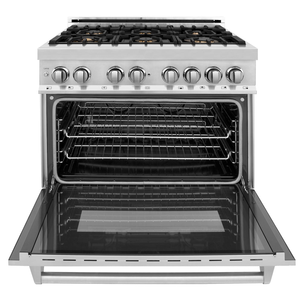 ZLINE 36 in. 4.6 cu. ft. Legacy Dual Fuel Range with Gas Cooktop and Electric Convection Oven in Stainless Steel with 6 Brass Burners and Griddle (RA-BR-GR-36) front, oven open.