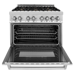 ZLINE 36 in. 4.6 cu. ft. Legacy Dual Fuel Range with Gas Cooktop and Electric Convection Oven in Stainless Steel with 6 Brass Burners and Griddle (RA-BR-GR-36) front, oven open.