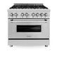 ZLINE 36 in. 4.6 cu. ft. Legacy Dual Fuel Range with Gas Cooktop and Electric Convection Oven in Stainless Steel with 6 Brass Burners and Griddle (RA-BR-GR-36) front, oven closed.