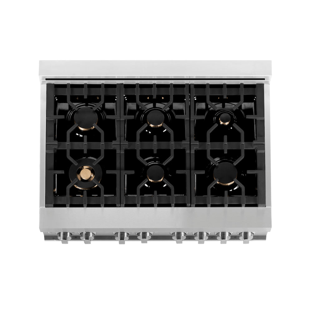 ZLINE 36 in. 4.6 cu. ft. Legacy Dual Fuel Range with Gas Cooktop and Electric Convection Oven in Stainless Steel with 6 Brass Burners and Griddle (RA-BR-GR-36) top down, above cooktop.