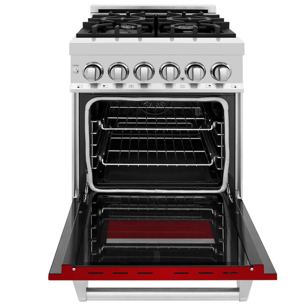 ZLINE 24 in. 2.8 cu. ft. Dual Fuel Range with Gas Stove and Electric Oven in Stainless Steel and Red Gloss Door (RA-RG-24) front, oven open.