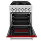 ZLINE 24 in. 2.8 cu. ft. Legacy Dual Fuel Range with 4 Burner Gas Cooktop and Electric Convection Oven in Stainless Steel and Red Gloss Door (RA-RG-24) front, oven open.