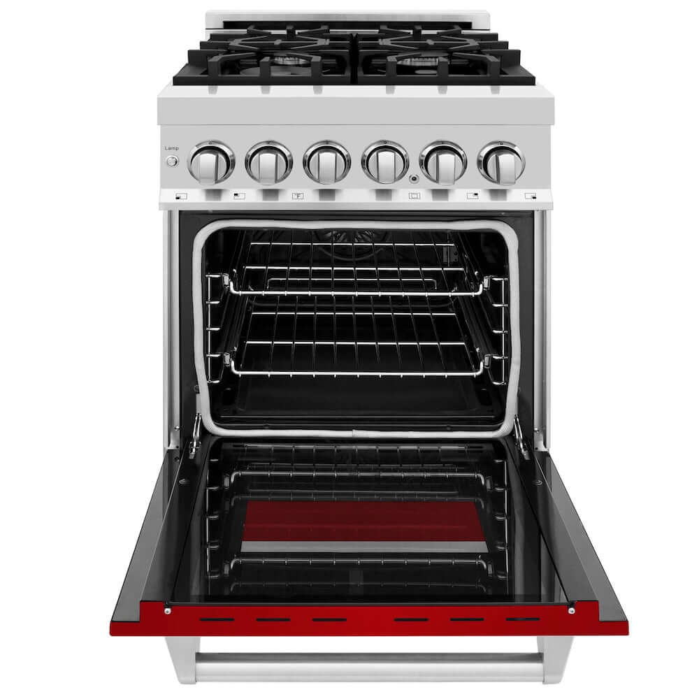 ZLINE 24 in. 2.8 cu. ft. Legacy Dual Fuel Range with 4 Burner Gas Cooktop and Electric Convection Oven in Stainless Steel and Red Gloss Door (RA-RG-24) front, oven open.