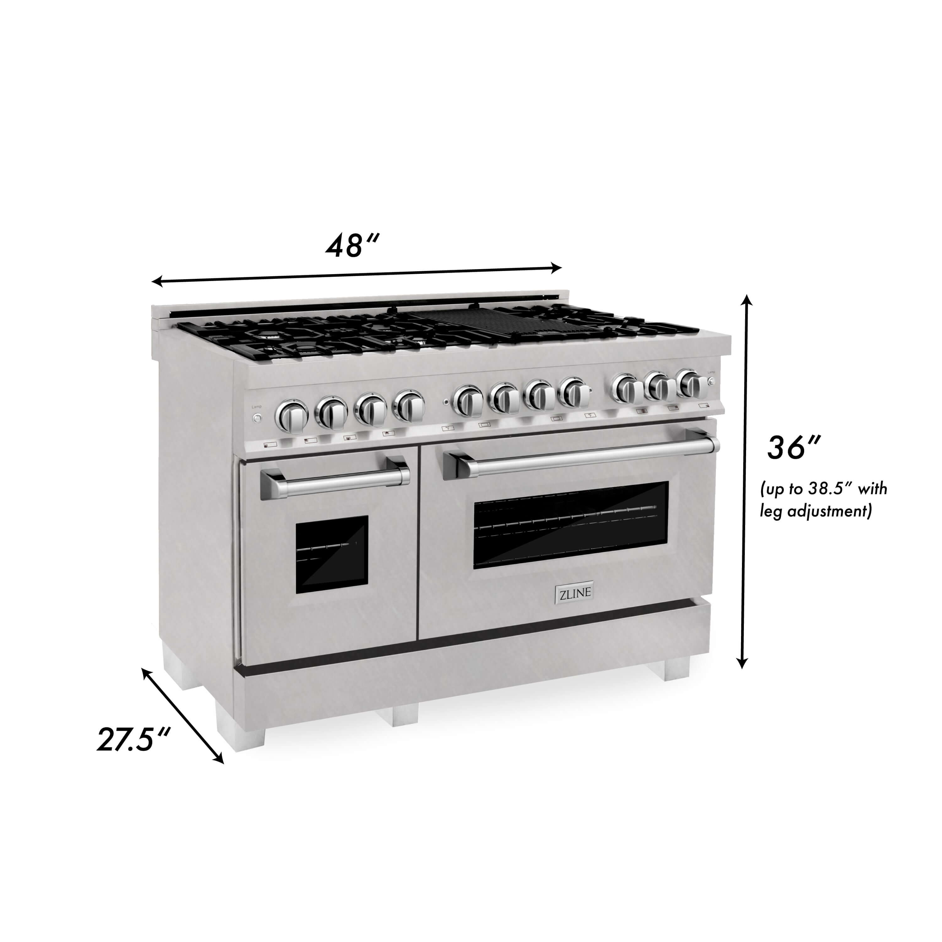 ZLINE 48 in. Kitchen Package with DuraSnow® Stainless Steel Dual Fuel Range, Ducted Vent Range Hood and Tall Tub Dishwasher (3KP-RASRH48-DWV) dimensional diagram with measurements.